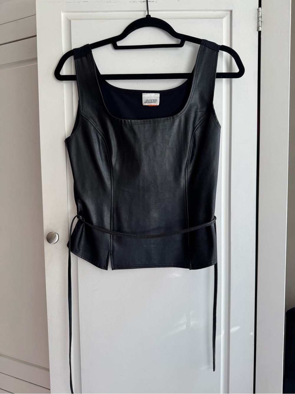 Vintage from Paris Black Leather Tank Top with Waist Tie
